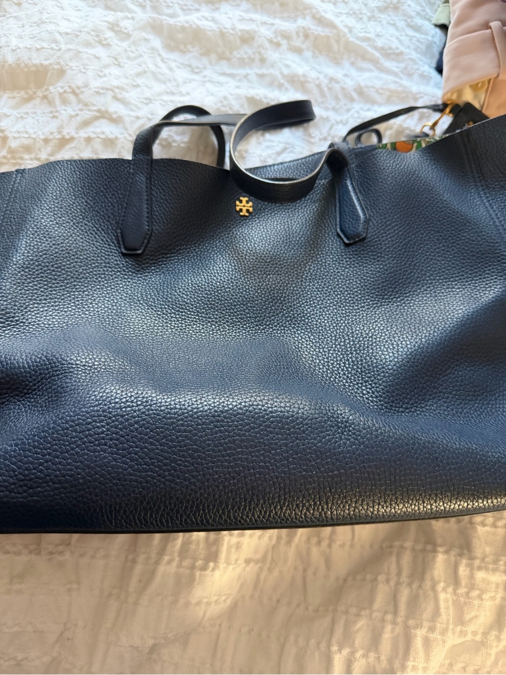 Tory Burch Dark Navy Pebbled Leather Shoulder Tote with Gold Logo